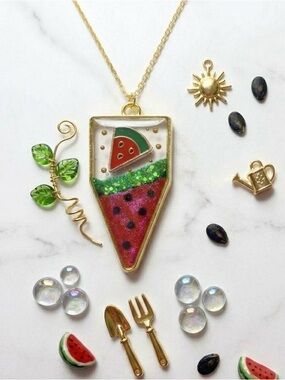 Gold-Tone Watermelon Slice Pendant Necklace in Pink & Green